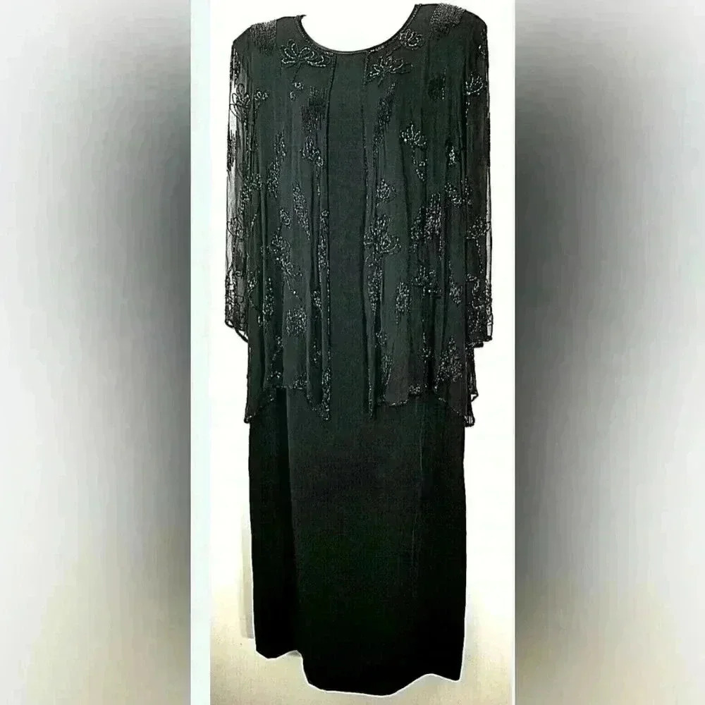 Vintage Women's Jovani Black Beaded Long Sleeve Embellished Dress Gown Size 20